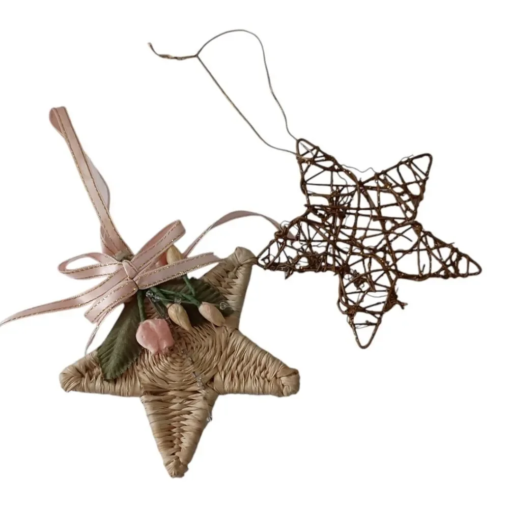 2 Star Christmas Ornaments Rattan Woven Rustic Farmhouse Country‎ Boho Holiday.